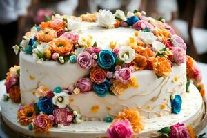 une blanc gâteau avec coloré fleurs sur Haut. généré par ai photo