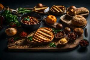 une variété de nourriture sur une en bois Coupe planche. généré par ai photo