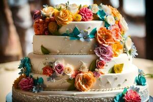 une mariage gâteau avec coloré fleurs sur Haut. généré par ai photo