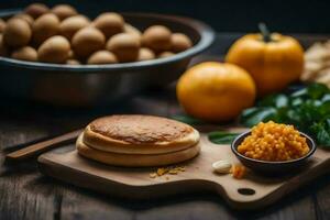 Crêpes et autre Ingrédients sur une en bois tableau. généré par ai photo