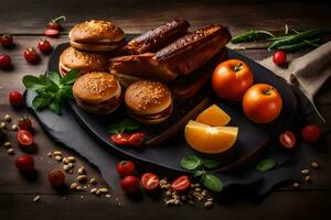 une assiette avec hamburger, tomates et autre ingrédients. généré par ai photo