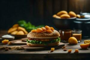 une Hamburger avec pommes et fromage sur il. généré par ai photo