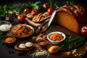 spaghetti avec Boulettes de viande, des légumes et herbes sur une en bois tableau. généré par ai photo