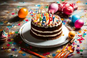 une anniversaire gâteau avec bougies et confettis sur une en bois tableau. généré par ai photo