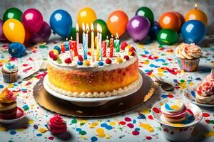 une anniversaire gâteau avec bougies sur il et des ballons. généré par ai photo