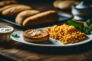 une assiette avec pain et une bol de maïs. généré par ai photo