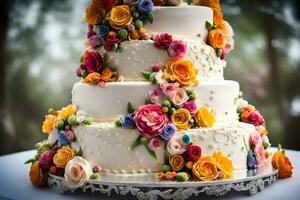 une mariage gâteau avec coloré fleurs sur Haut. généré par ai photo