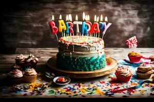 une anniversaire gâteau avec bougies et confettis. généré par ai photo
