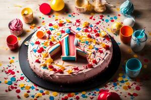 une anniversaire gâteau avec une nombre un sur il. généré par ai photo