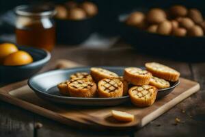 une assiette de cuit biscuits sur une en bois tableau. généré par ai photo