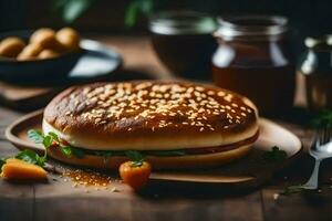 une sandwich avec fromage et des légumes sur une en bois tableau. généré par ai photo