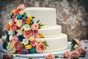 une Trois échelonné gâteau avec coloré fleurs. généré par ai photo