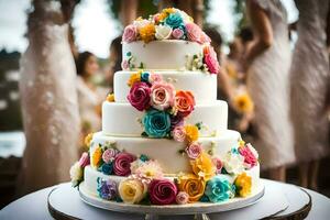 une mariage gâteau avec coloré fleurs sur Haut. généré par ai photo