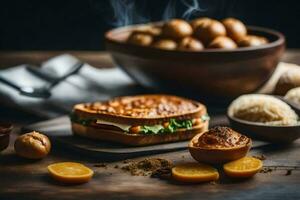 des sandwichs et autre nourriture sur une tableau. généré par ai photo