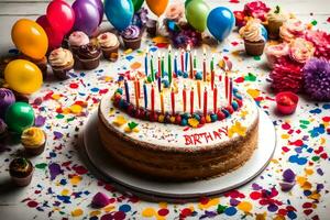 une anniversaire gâteau avec bougies et des ballons. généré par ai photo