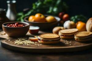 une en bois Coupe planche avec des sandwichs et autre aliments. généré par ai photo