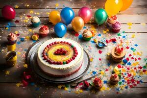 une anniversaire gâteau avec coloré glaçage et des ballons. généré par ai photo