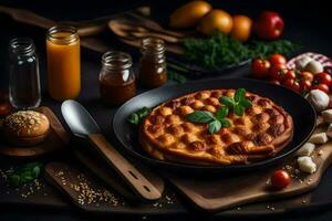 une gaufre avec fromage et des légumes dans une poêle. généré par ai photo