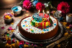 le anniversaire gâteau est décoré avec coloré confettis et fleurs. généré par ai photo