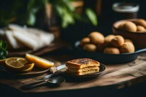 une assiette de nourriture sur une en bois tableau. généré par ai photo