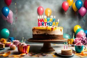 une anniversaire gâteau avec bougies sur Haut et des ballons. généré par ai photo