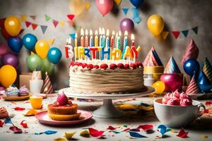 une anniversaire gâteau avec bougies sur il. généré par ai photo