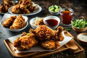 poulet ailes avec plongement sauce et plongement sauce. généré par ai photo