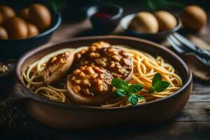 spaghetti avec Boulettes de viande dans tomate sauce dans une bol. généré par ai photo