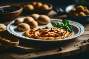 une assiette de nourriture avec pain, fromage et autre ingrédients. généré par ai photo