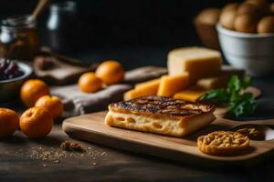 fromage et pain sur une en bois Coupe planche. généré par ai photo