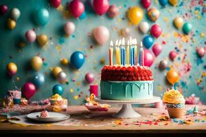 une anniversaire gâteau avec bougies sur il. généré par ai photo