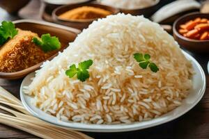 une assiette de riz avec épices et herbes. généré par ai photo