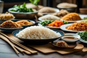 une table avec beaucoup différent les types de riz. généré par ai photo