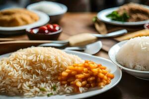 une table avec riz, des haricots et autre plats. généré par ai photo