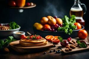 Crêpes, des fruits et des légumes sur une en bois tableau. généré par ai photo