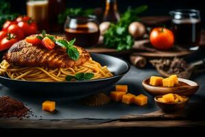 poulet Sein avec Pâtes et des légumes sur une noir Contexte. généré par ai photo