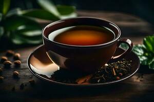 noir thé dans une tasse sur une en bois tableau. généré par ai photo