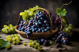 les raisins dans une panier sur une en bois tableau. généré par ai photo