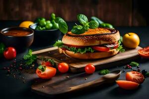 une sandwich avec tomates et fromage sur une en bois Coupe planche. généré par ai photo