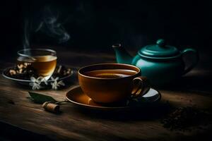 une tasse de thé et une théière sur une en bois tableau. généré par ai photo