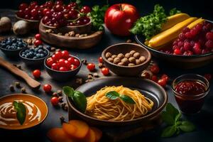 divers des fruits et des légumes sont arrangé dans boules. généré par ai photo