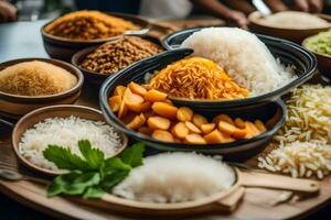 divers les types de riz et autre nourriture sur une en bois tableau. généré par ai photo