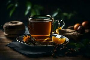 une tasse de thé avec une tranche de Orange et une bol de des noisettes. généré par ai photo