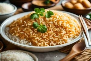 chinois riz avec une côté de des légumes et herbes. généré par ai photo