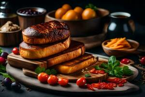 grillé pain sur une en bois planche avec des légumes et autre ingrédients. généré par ai photo