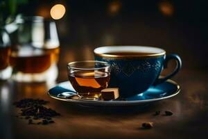 une tasse de thé et une verre de whisky. généré par ai photo