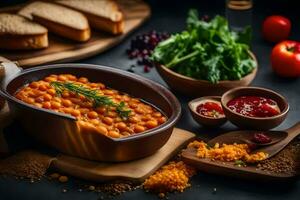 pois chiches dans une bol avec pain, tomates, herbes et épices. généré par ai photo