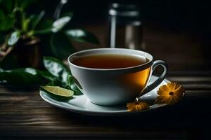 une tasse de thé sur une en bois tableau. généré par ai photo