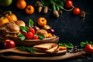 une variété de nourriture sur une en bois planche. généré par ai photo