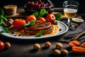 grillé Viande et des légumes sur une assiette avec du vin. généré par ai photo